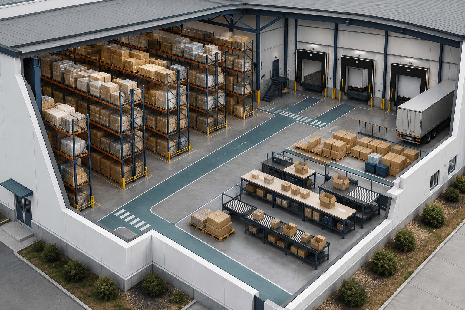 Conceptual illustration of a warehouse operation; not an actual FS-X facility.